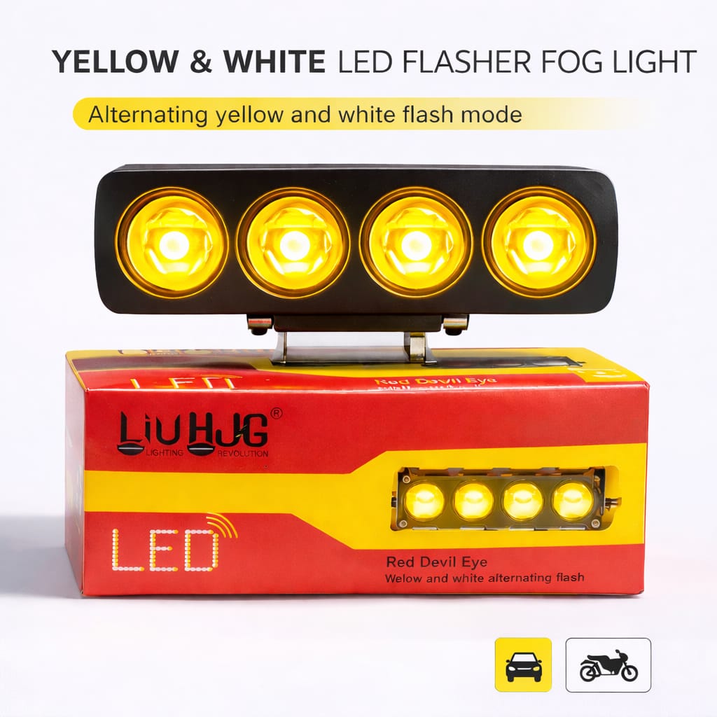 4 Lens Flasher Fog Light 40W – Dual Color White & Yellow LED Strobe Light for Bike & Car (DC 9V–80V) | Pack of 1